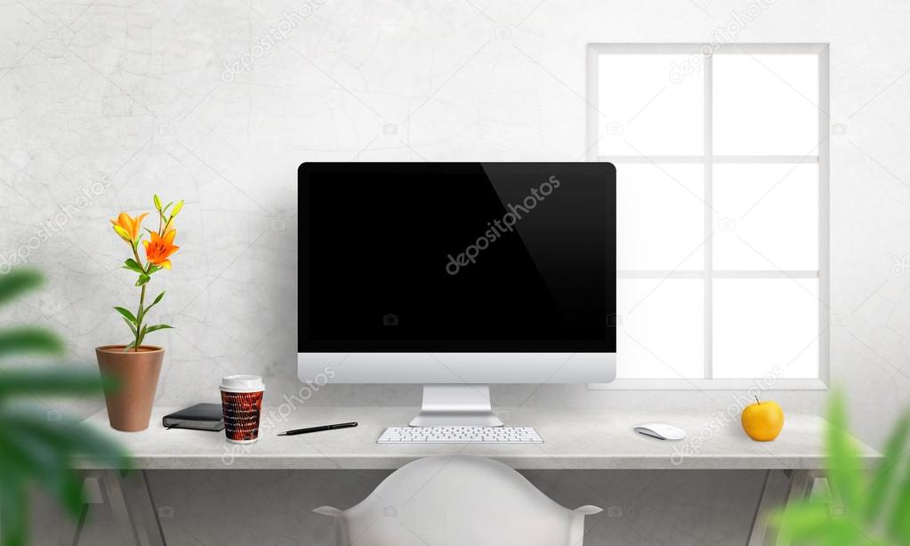 Computer With Isolated Screen For Mockup On Office Desk Stock Computer With Isolated Screen For Mockup On Office Desk Photo By Vlado85