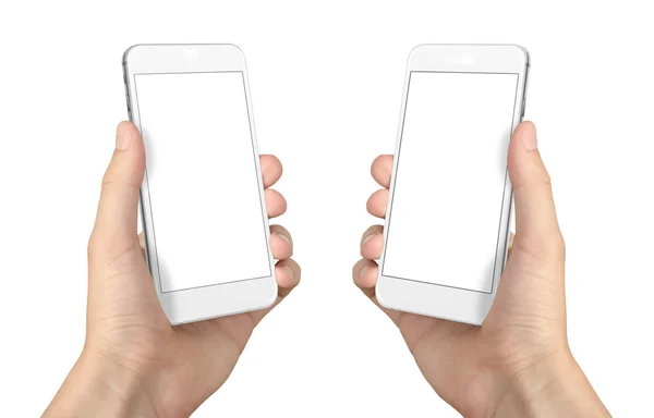 Inteligentny telefon w ręce człowieka. Na białym ekranie makieta. Dwustronna izometryczny pozycji. — Zdjęcie stockowe