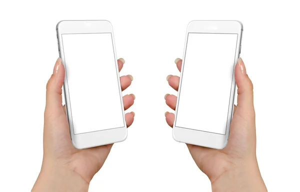 Inteligentny telefon w ręce kobiety. Na białym ekranie makieta. Dwustronna izometryczny pozycji. — Zdjęcie stockowe