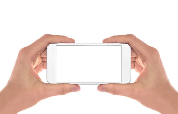 Smart phone nelle mani dell'uomo. Posizione orizzontale. Schermo isolato per mockup . — Foto Stock