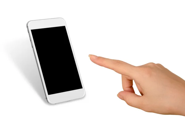 Kobieta ręką dotknąć inteligentny telefon z izolowanych pusty ekran dla makieta. — Zdjęcie stockowe