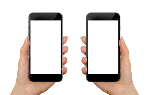 Смартфон в женской руке. Изолированный экран для макета. Левая и правая рука, спереди . — стоковое фото
