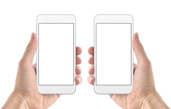 สมาร์ทโฟนในมือมนุษย์ หน้าจอแยกสําหรับจําลอง มือซ้ายและมือขวา ด้านหน้า . — ภาพถ่ายสต็อก