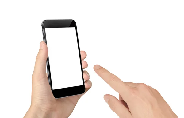 Ręką człowieka dotknąć inteligentny telefon z izolowanych pusty ekran dla makieta. — Zdjęcie stockowe