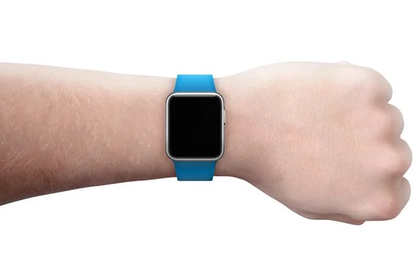 Relógio inteligente na mão com tela em branco isolado para mockup — Fotografia de Stock