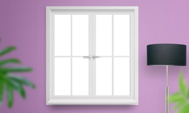 Mor duvar izole penceresini açın. Zemin lamba ve yanında bitki.