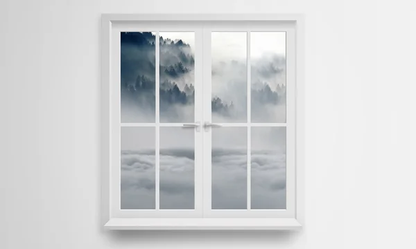 Regardez par la fenêtre la montagne et les nuages . — Photo