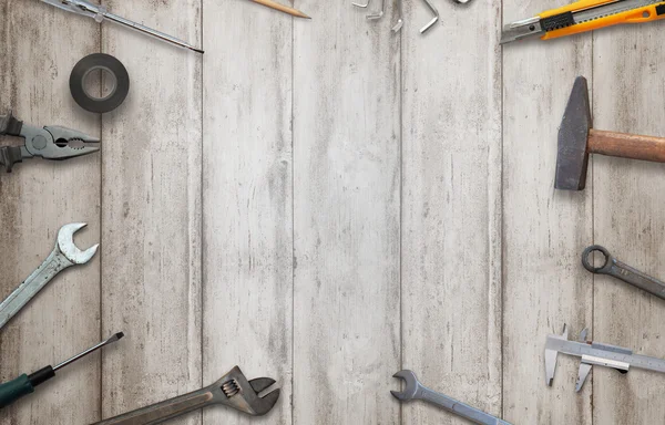 Tools on wooden table. Free space for text. — Stock Photo, Image