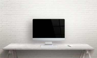 Bilgisayar ekran mockup. Ofis Masası önden görünümü.
