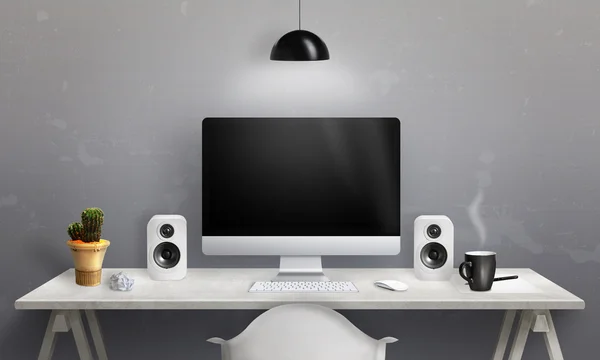 Computer display and speakers on desk. Blank screen for mockup. Clean scene for design promotion.