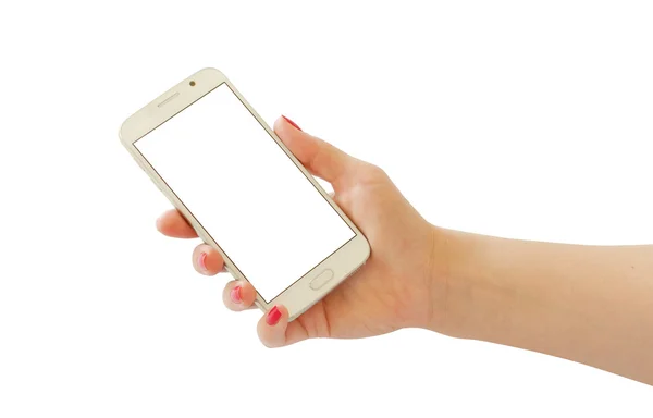 Na białym tle inteligentny telefon w ręce kobiety do makiety. Biały ekran i tła. — Zdjęcie stockowe