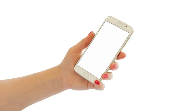 Женская рука показывает смартфон с белым дисплеем для макета. Белый фон . — стоковое фото