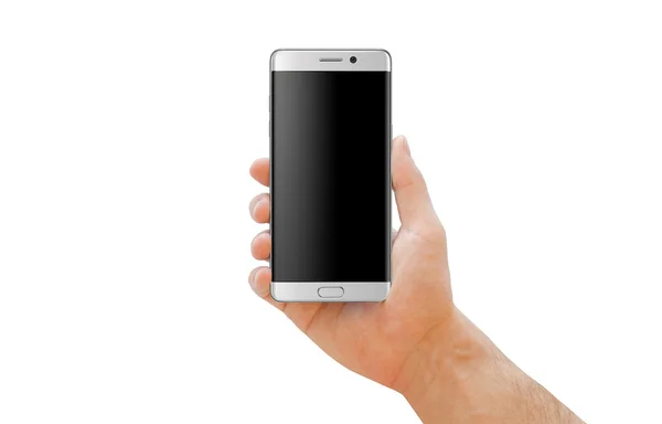 Smartphone blanco moderno con borde curvo en mano de hombre para maqueta . —  Fotos de Stock