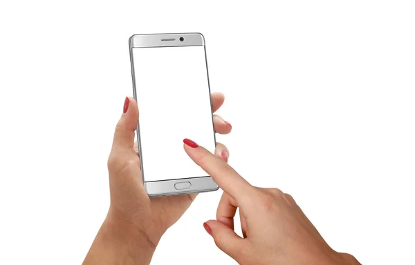 Žena dotykový displej moderní smartphone. Izolované scénu pro makety. — Stock fotografie