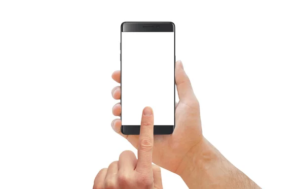Mężczyzna na białym tle telefon komórkowy dotykowy. — Zdjęcie stockowe