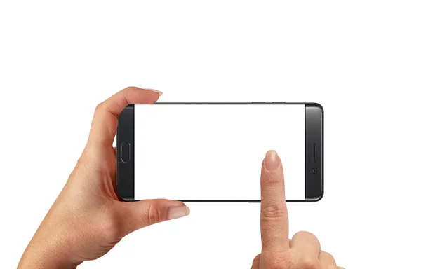 Ta foto med moderna smart telefon med blank skärm för mockup. — Stockfoto