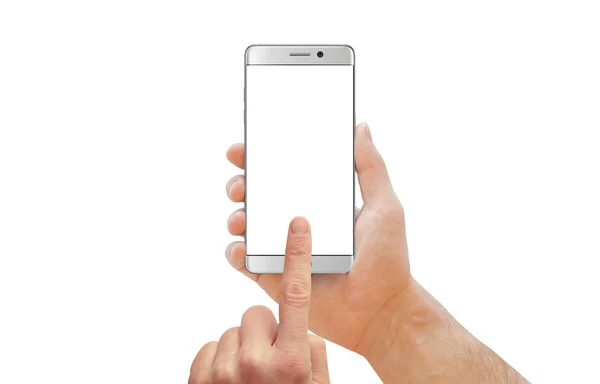Białe nowoczesne smartphony z zaokrągloną krawędź w ręce człowieka. — Zdjęcie stockowe