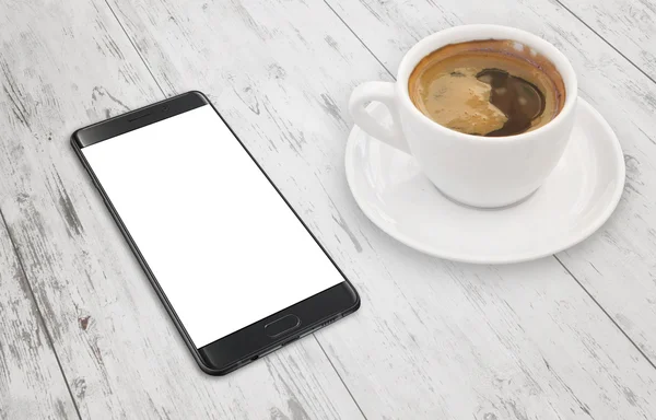 Modern svart smart telefon på vita träbord med tom display för mocku — Stockfoto