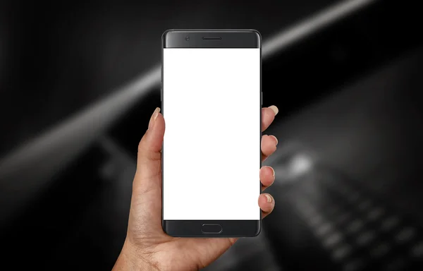 Kadın el mockup için izole beyaz ekran ile siyah akıllı telefon — Stok fotoğraf