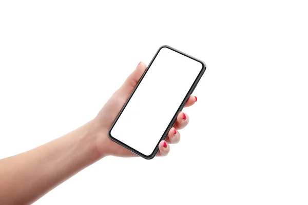 Telefoonmodel Vrouwenhand Geïsoleerde Achtergrond Display Teruggetrokken Zachte Huid — Stockfoto