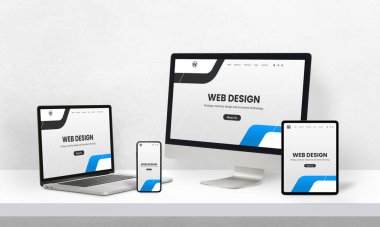 Farklı ekran boyutlarına sahip cihazlarda ilgili web sayfası tanıtımı. Web tasarımı stüdyo tanıtım konsepti
