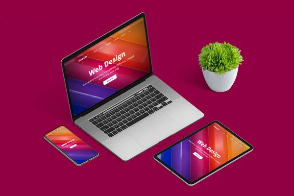 Web design studio promotion with responsive promo page on different devices in isometric position