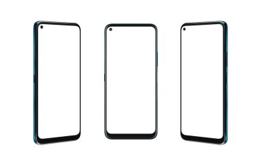 Akıllı telefon üç pozisyonda izole edilmiş. Öne, sola ve sağa. Model ve uygulama tasarım promosyonu için izole edilmiş