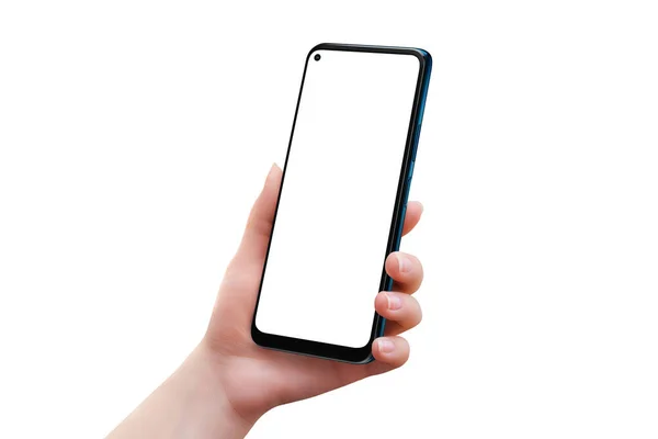 Isolerad Smarttelefon Kvinnlig Hand Höger Sida Modern Smarttelefon Med Runda — Stockfoto