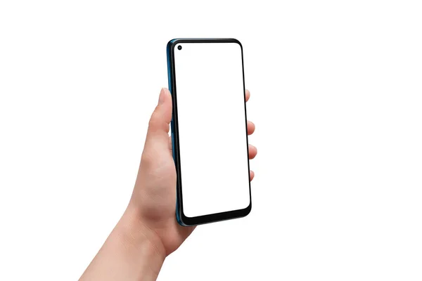 Isolerad Hand Och Telefon Man Som Visar Mobilen Isolerad Display — Stockfoto