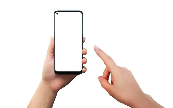 Telefon Izolat Femeie Ţinând Atingând Mâna Telefon Inteligent Modern Margini — Fotografie, imagine de stoc