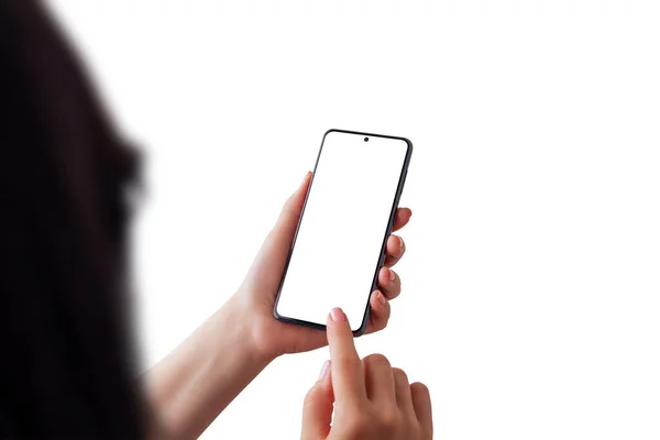Enskilt Kvinnohuvud Händer Och Smarttelefon Isolerad Skärm För App Eller — Stockfoto
