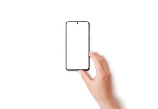 Hand Touch Smartphone Met Geïsoleerde Weergave Wit Oppervlak Mobiele App — Stockfoto
