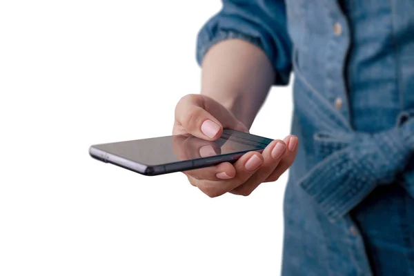 Kobieta Używa Smartfona Odizolowanym Tłem Koncepcja Wykorzystania Nowoczesnej Technologii — Zdjęcie stockowe