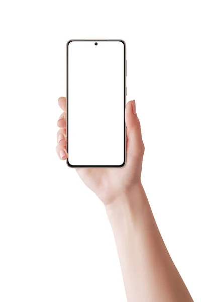 Modern Smarttelefon Kvinnlig Hand Isolerad Skärm Och Bakgrund För Mockup — Stockfoto