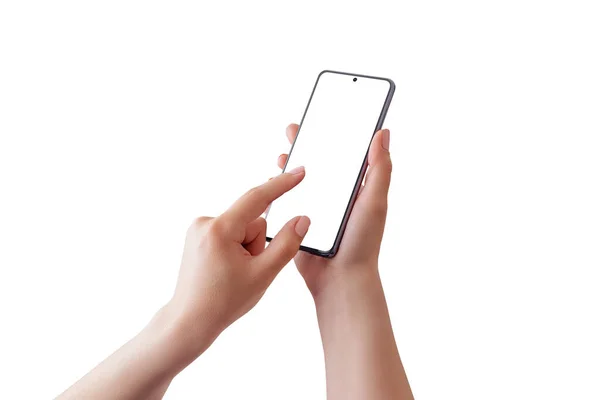 Telefoon Vrouwenhanden Geïsoleerd Vingeraanraking Display App Gebruik Concept Telefoon Mockup — Stockfoto