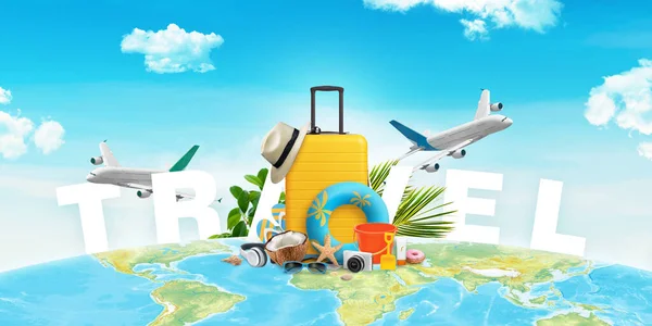 Reisekomposition Mit Tasche Hut Strandutensilien Und Flugzeugen Auf Der Weltkarte — Stockfoto