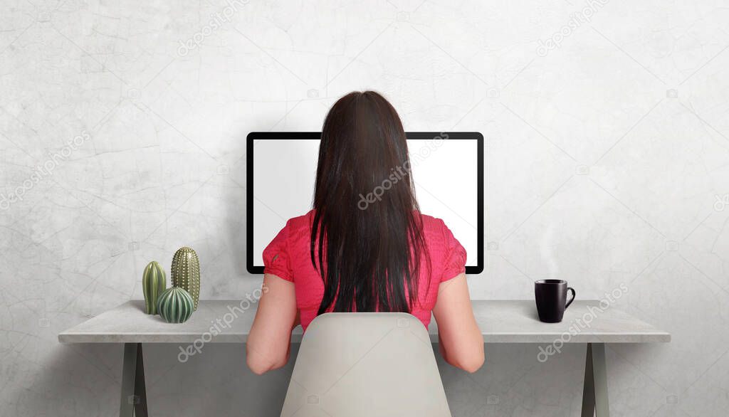 Girl work on computer on work desk. Isolated screen for design promotion mockup. Concept of technology and business. Work from home and at work 