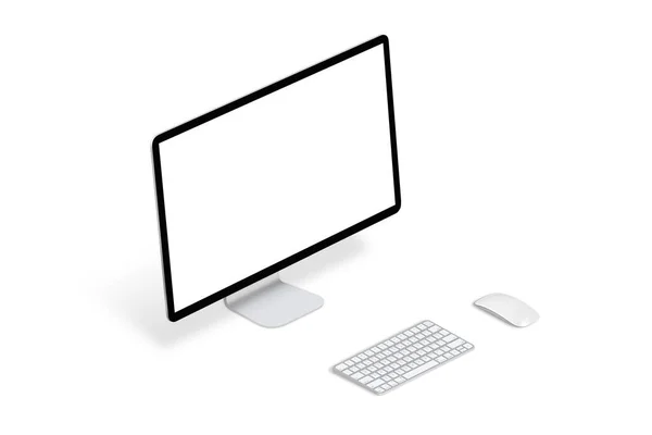 アイソメトリックな位置に隔離されたコンピュータディスプレイ キーボード マウス モックアップ アプリやウェブサイトのデザインプレゼンテーションのための空白の画面 — ストック写真