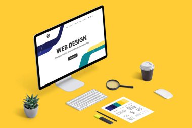 Web tasarım stüdyosu. Taslak, renk paleti, klavye, fare, kahve ve bitki içeren bir bilgisayar ekranı. İzometrik görünüm.