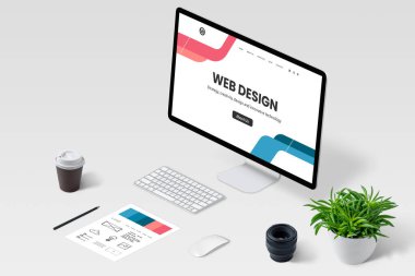 Bilgisayar görüntüsü ve modern web sayfası kavramına sahip web tasarımcısı çalışma masasının Isometric görünümü.