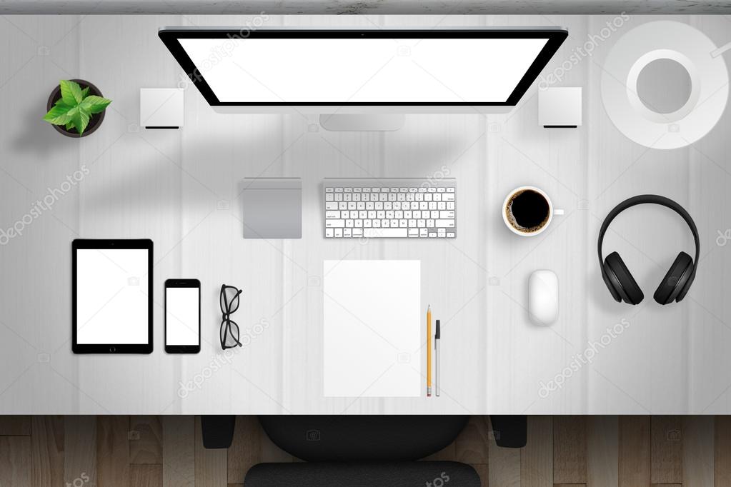 desk mockup scene with devices from top