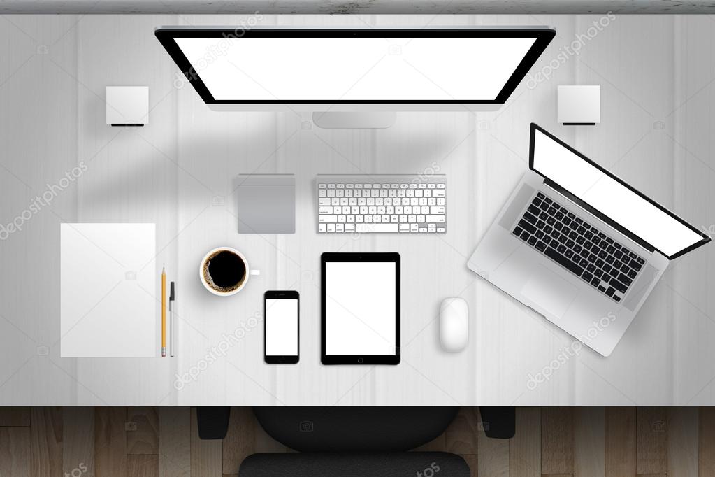 desk mockup scene with devices from top