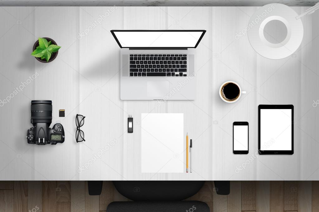 desk mockup scene with devices from top