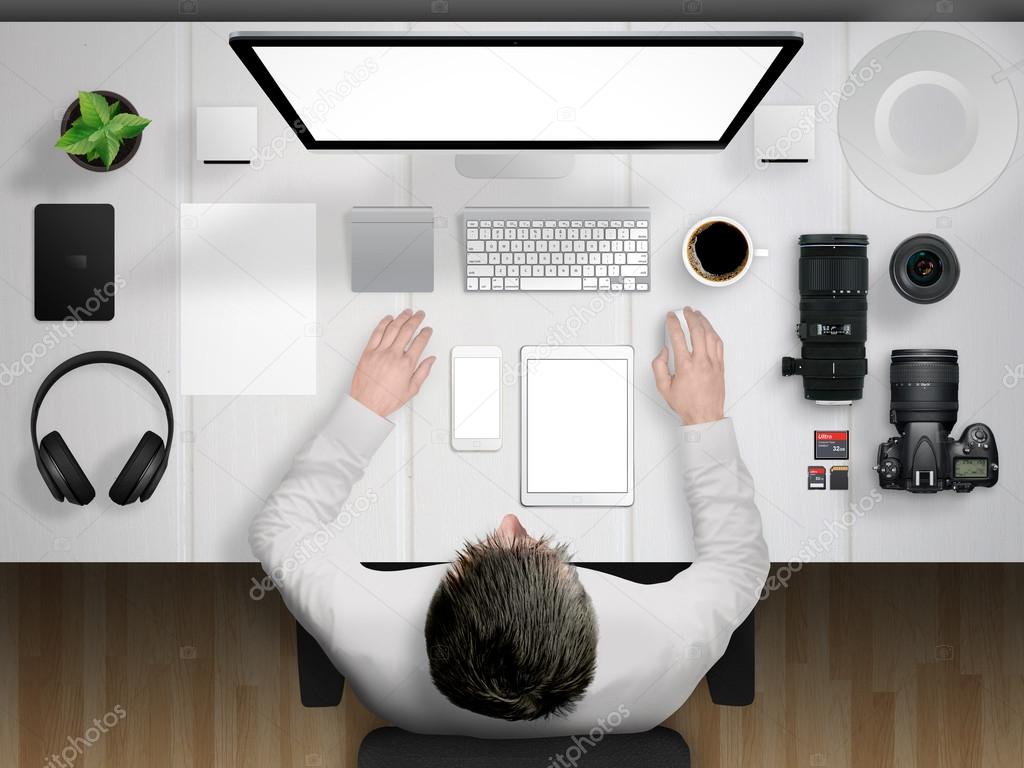 photographer and desk mockup scene with devices from top