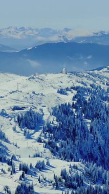 Karlı orman ve dağ arazisinde dönen kayak patikalarının dikey hava videosu