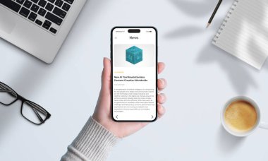 El ele tutuşan akıllı telefon teknolojisi haberleri, arka planda kahve ve defter dijital yaşam tarzını ve modern iletişim alışkanlıklarını sembolize ediyor