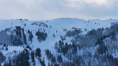 Jahorina Dağı 'ndaki orman yamaçlarındaki karlı hava aracı görüntüleri doğal dağları ve huzurlu kış ortamını vurguluyor.