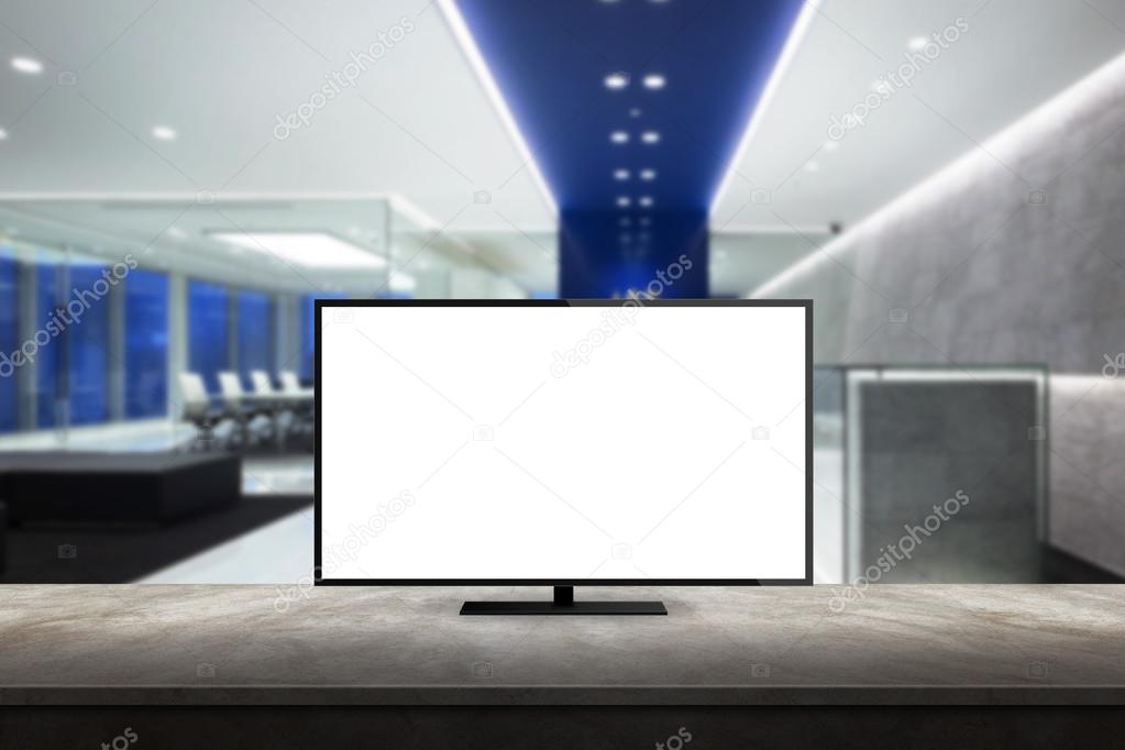 isolated tv on desk with mountain nature background for mock up presentation