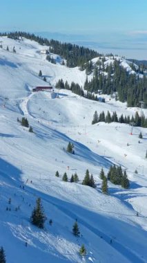 Jahorina, Bosna-Hersek 17 Ocak 2026: İHA kameraları kış yamaçlarında hareket ederken kayak merkezinin havadan görünüşü