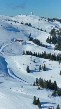 Jahorina, Bosna-Hersek: 17 Ocak 2026: Kayak merkezi yamaçlarının dikey hava manzarası ve çevresindeki orman alp arazisi